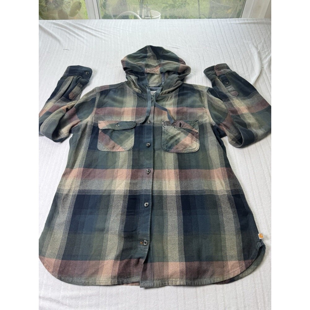 Carhartt Youth Plaid Hooded Flannel Shirt Size M 8/10 Green Brown 100% Cotton